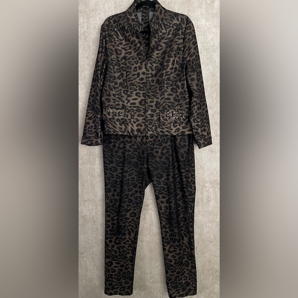 E39 by Eric Leopard Metallic Blk/Tan Stretch Cotton Blend ZipJacket Pant Set S14